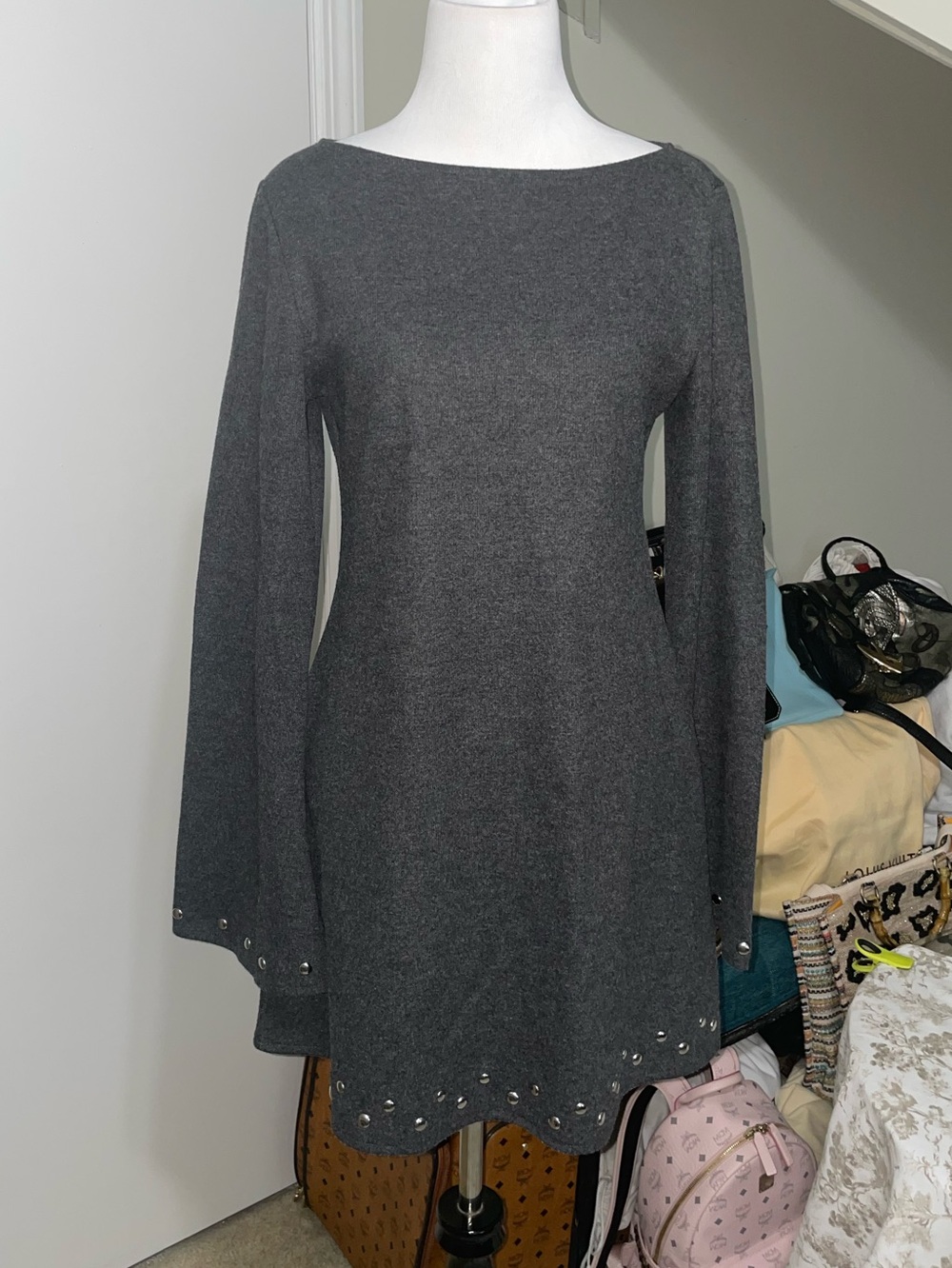 Zara Dark Gray Long-Sleeve A-Line Dress sweater dress with Stud Trim